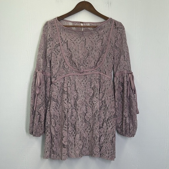 Free People - Ruby Sheer Lavender Lace Above The Knee Tie Sleeves Mini Dress XS - Picture 9 of 12